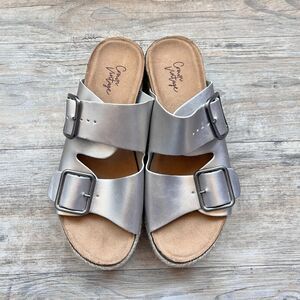 Crown Vintage Polly Silver Espadrille Platform Slides Size 9M Metallic Buckle